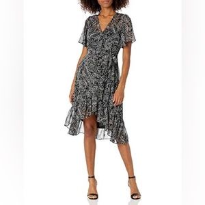 Calvin Klein Women's Dress Sz 8 Black White Floral Midi High Low, Short Sleeve